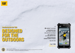 Cat advertisement a snowy background with a mobile phone displaying a skier jumping and grabbing his ski, wearing a yellow jacket to match yellow logo Ross Woodhall - Action & Lifestyle Photography
