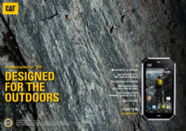 Cat advertisement with rocky background displaying a picture of mobile phone with man out hiking with yellow bag to match yellow logo. Ross Woodhall - Action & Lifestyle Photography