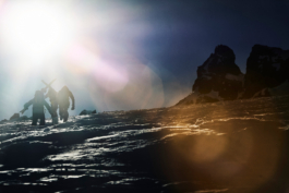 Three skiers hiking uphill off piste. with rocky mountain in the background along the ridge line. Ross Woodhall - Action & Lifestyle Photography