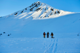 three people hiking on a snowy slope to a higher point on the mountain on their skis. Backcountry skiing. Le Meije. In the Massif des écrins range Ross Woodhall - Action & Lifestyle Photography