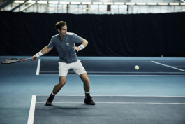 UK tennis player Andy Murray. In action playing tennis, wearing Andy Murray Castore AMC tennis clothing. shot at National Tennis centre in London Ross Woodhall - Action & Lifestyle Photography