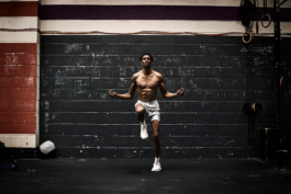 shirtless man working out at gym, skipping, wearing Castore. Ross Woodhall - Action & Lifestyle Photography