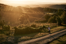 male runner, jogging along a dirt track road with fields and trees in the background. Ross Woodhall - Action & Lifestyle Photography