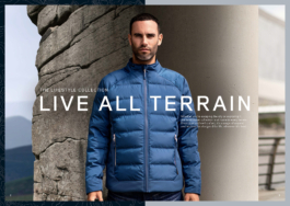 Advertising campaign with a man standing in the centre of the image wearing a light weight quilted jacket in blue. on his left hand side to him is a centre backdrop. On the right hand side is a rocky backdrop. showing outdoor & urban lifestyle use. Ross Woodhall - Action & Lifestyle Photography