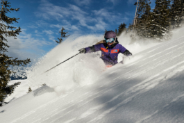 female skier, skiing off piste between the trees. Ross Woodhall - Action & Lifestyle Photography
