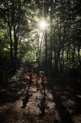 two joggers running along a wooded path surrounded by trees. Ross Woodhall - Action & Lifestyle Photography