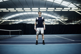 UK tennis player Andy Murray. Standing by the side of an indoor Tennis court wearing Andy Murray Castore AMC tennis clothing. shot at National Tennis centre in London. Ross Woodhall - Action & Lifestyle Photography